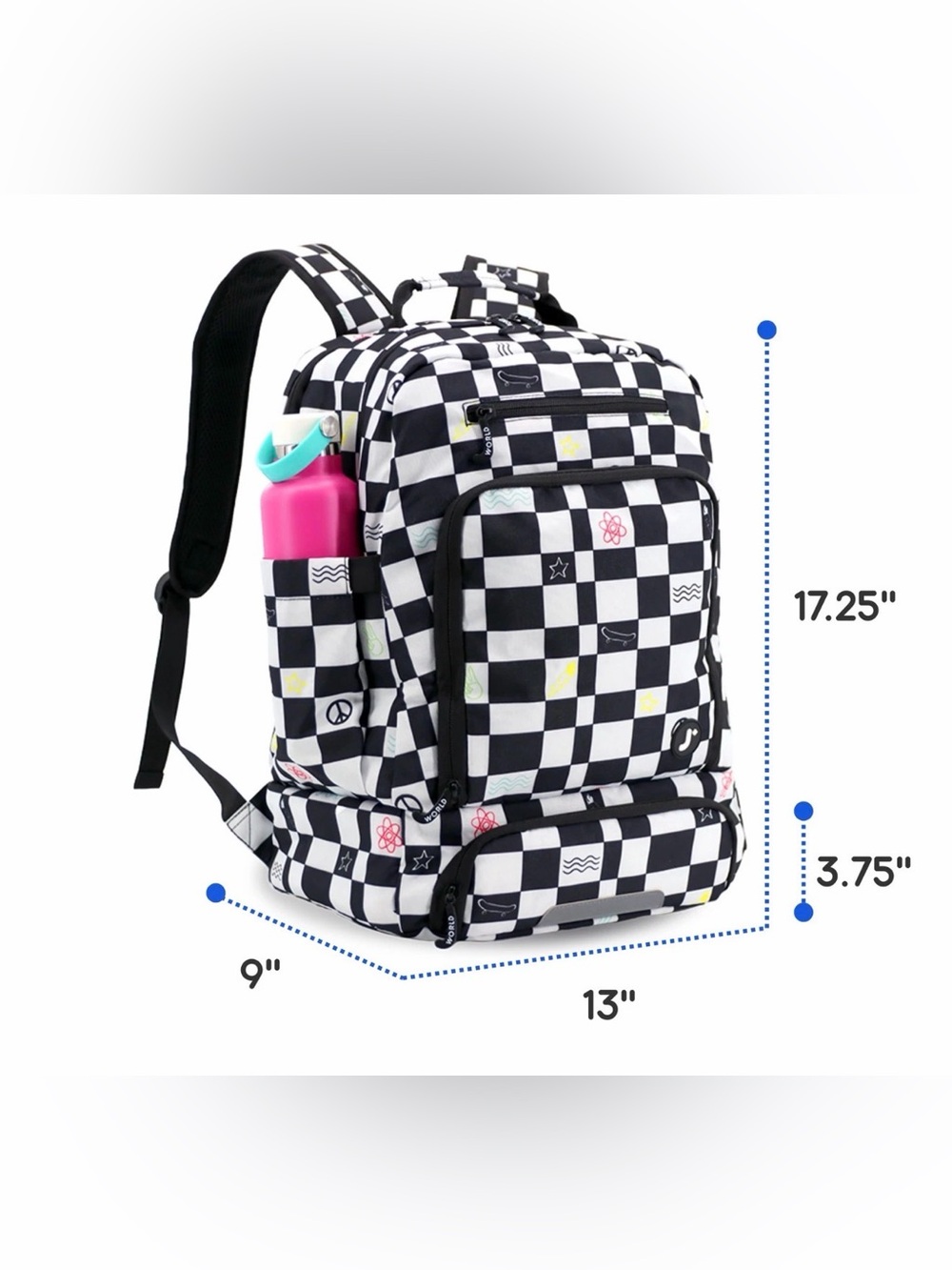 Checkerboard Pattern Backpack with Multicolor Icons - Picture 3 of 9